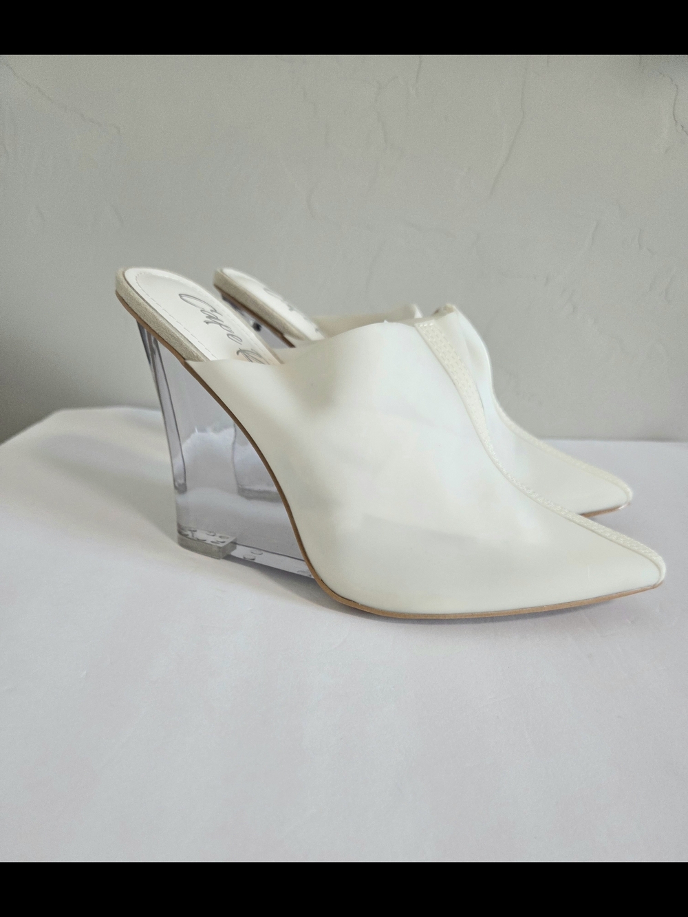 Women's White Pointed Mule Heels with Clear Wedge Size 9